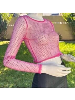 Top Chic hot pink sheer mesh long-sleeve crop top embellished rhinestones medium